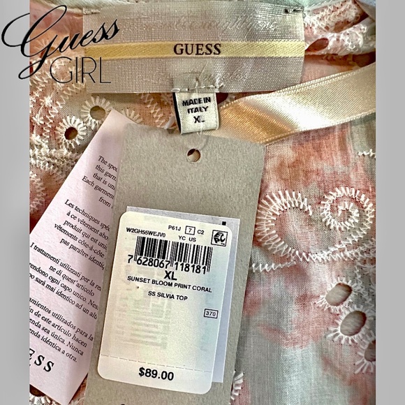 NWT GUESS Silvia Tie-Front Puff Sleeve Embroidered Eyelet Cotton Crop Top/XL - Picture 11 of 16